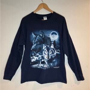 Large Lost Creek Outfitters Blue Wolf Moon Long Sleeve Gildan Shirt Cotton